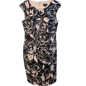 Connected Apparel Sz 10 Black Pink Floral Rose Sheath Dress Cap Sleeve GUC